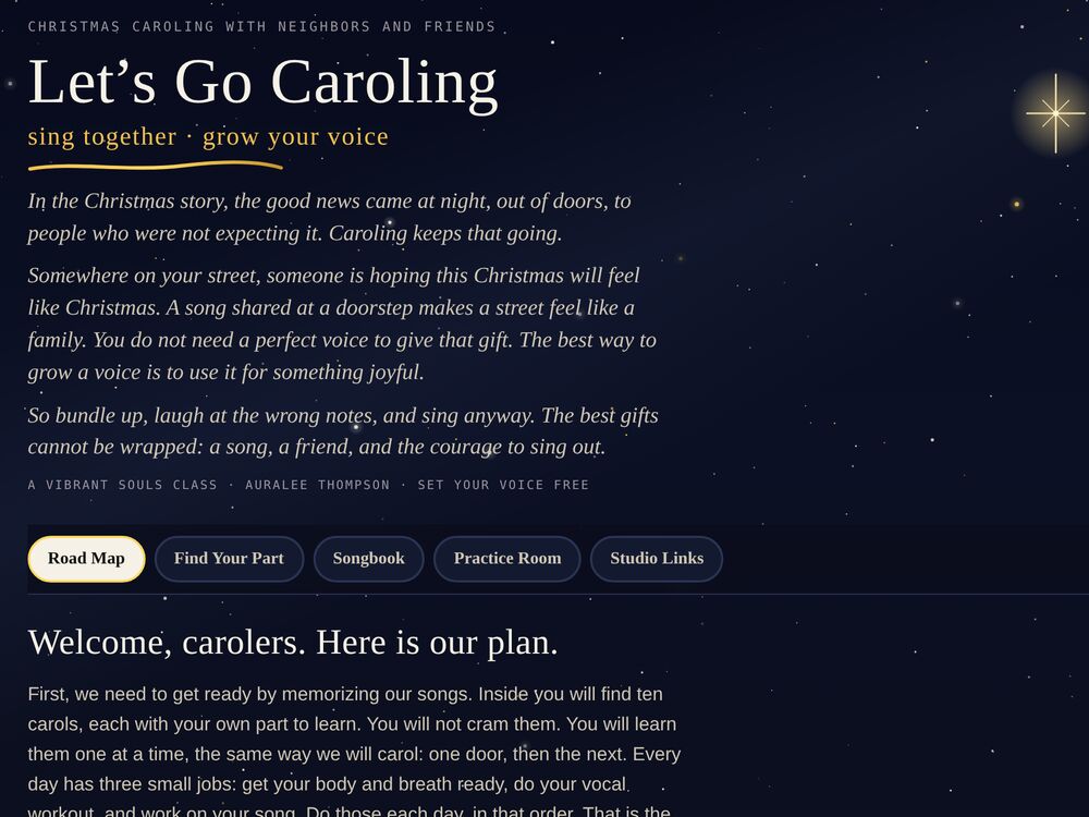 The Let’s Go Caroling practice app: welcome page with the Road Map, Find Your Part, Songbook and Practice Room tabs